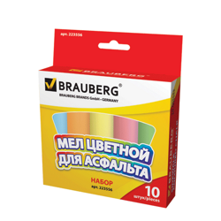 Мел для рисования на асфальте 10 штук, 5 цветов, цветной круглый, BRAUBERG, картонная упаковка, европодвес, 223556